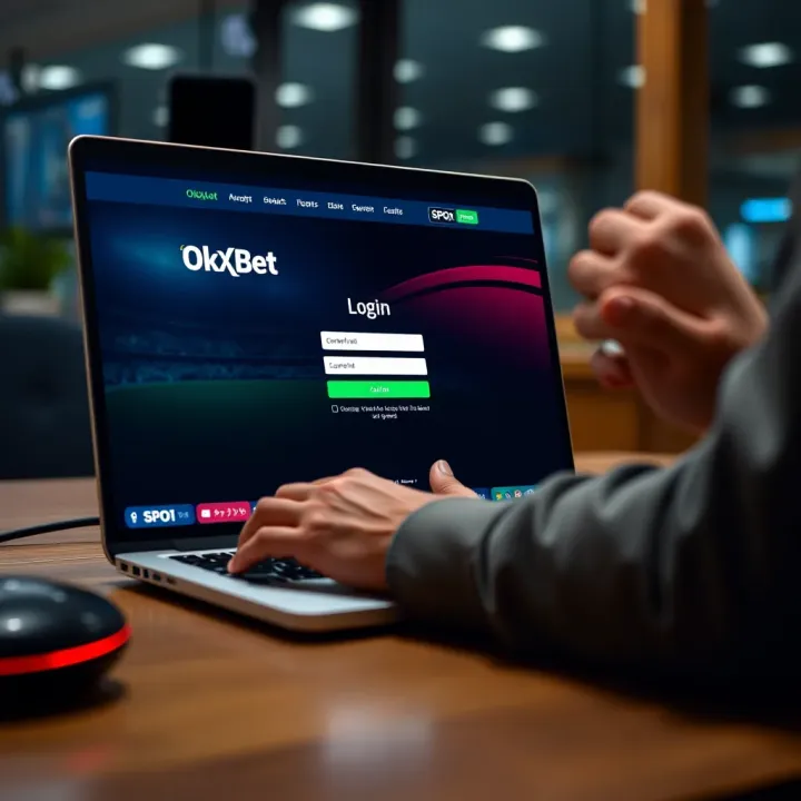 User entering credentials to log into SPO OkxBet platform on a laptop