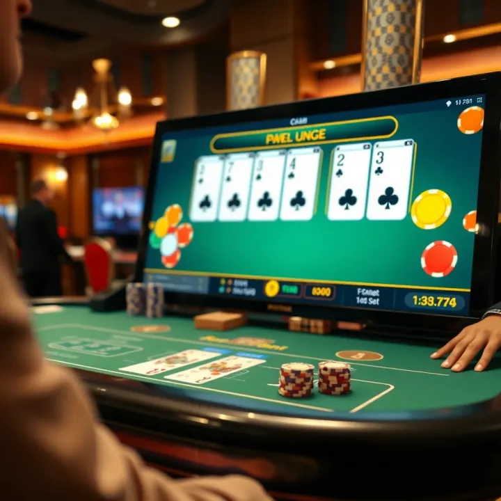 Live dealer casino game interface with cards and chips on screen