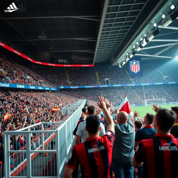 Stadium filled with vibrant fans cheering for their favorite football clubs