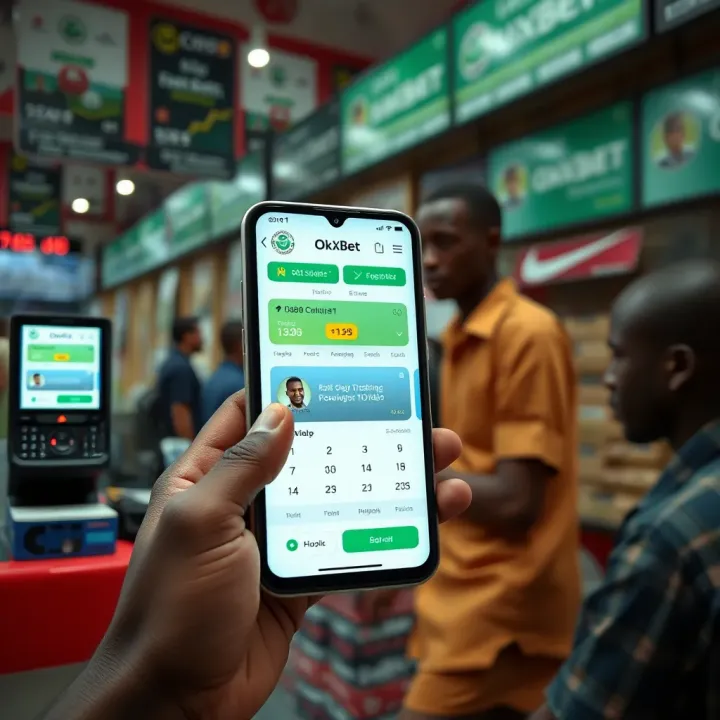 Mobile phone displaying a modern betting app interface alongside a local OkXBet shop setup