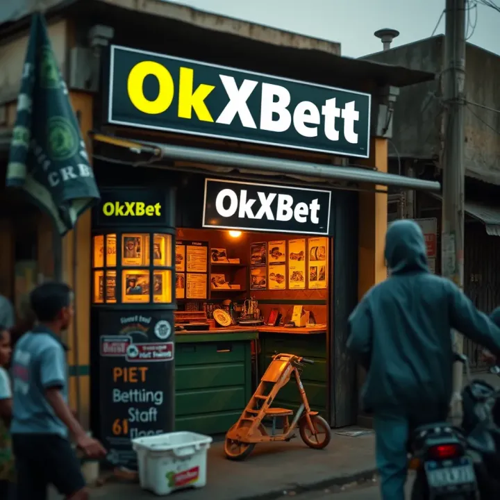 Exterior of a traditional mobile OkXBet betting shop in a busy Nigerian neighborhood