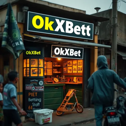 Traditional Mobile OkXBet Shop in a Nigerian Community Exterior of a traditional mobile OkXBet betting shop in a busy Nigerian neighborhood