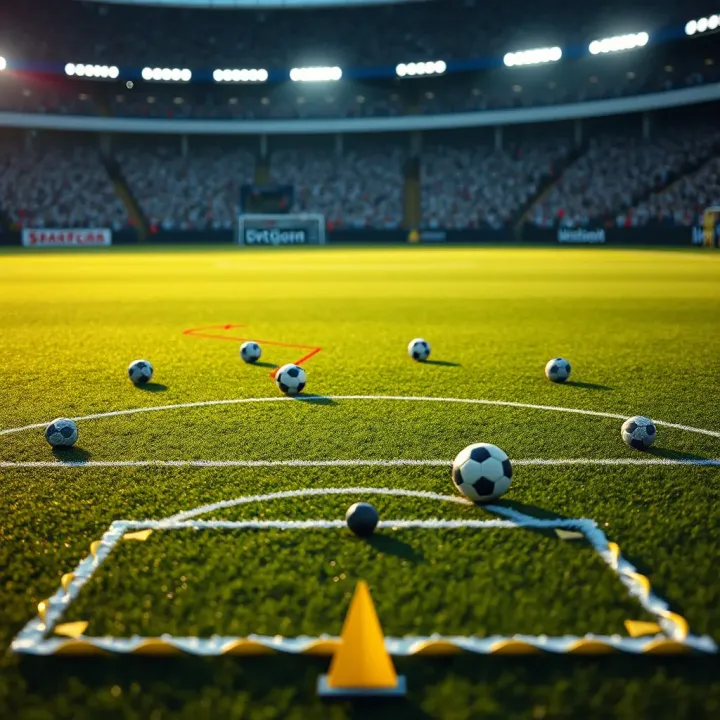Football pitch with tactical symbols representing prediction strategies