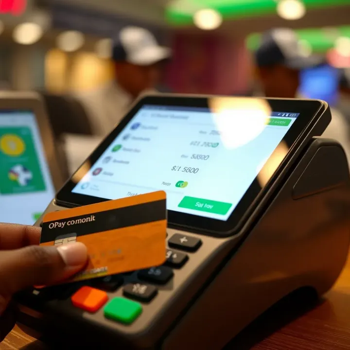 Making Deposits via POS Terminals with OPay in Nigeria POS terminal beside a Nigerian bank card ready for transaction