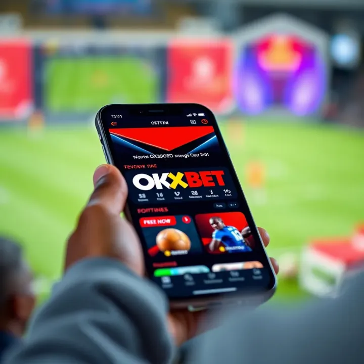 Mobile device screen showing the OKXBET app interface with vibrant colors and betting options