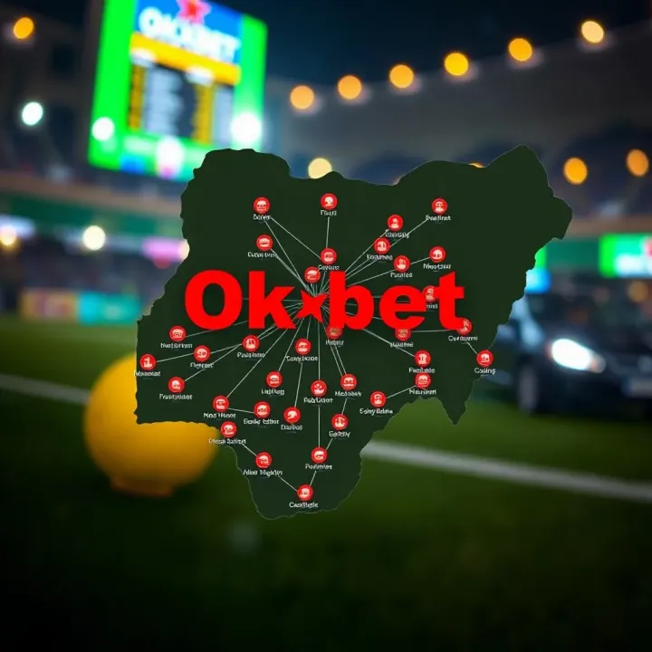 Network of Okxbet Agents Across Nigeria Supporting Betting Customers Illustration of the Nigerian map highlighting the network of Okxbet agents supporting local bettors