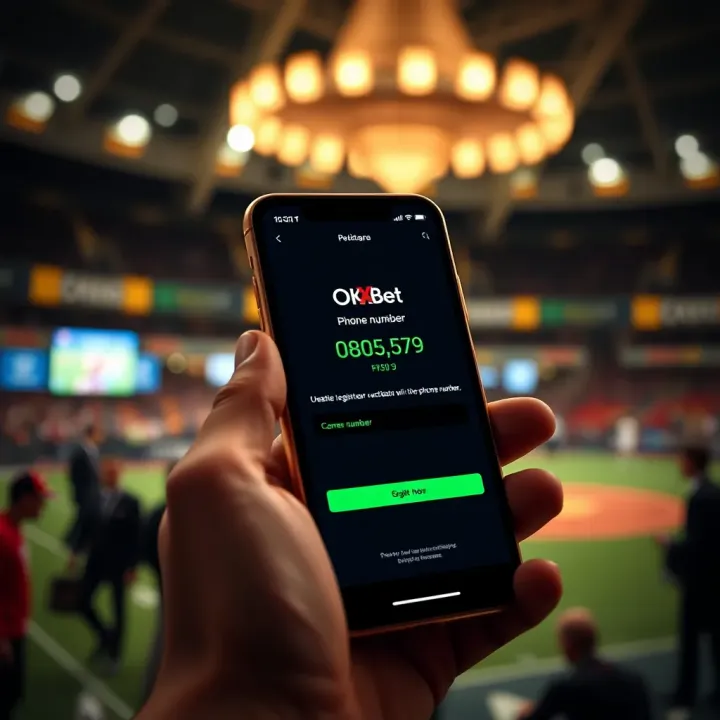 Mobile phone displaying OKXBet registration screen with phone number input