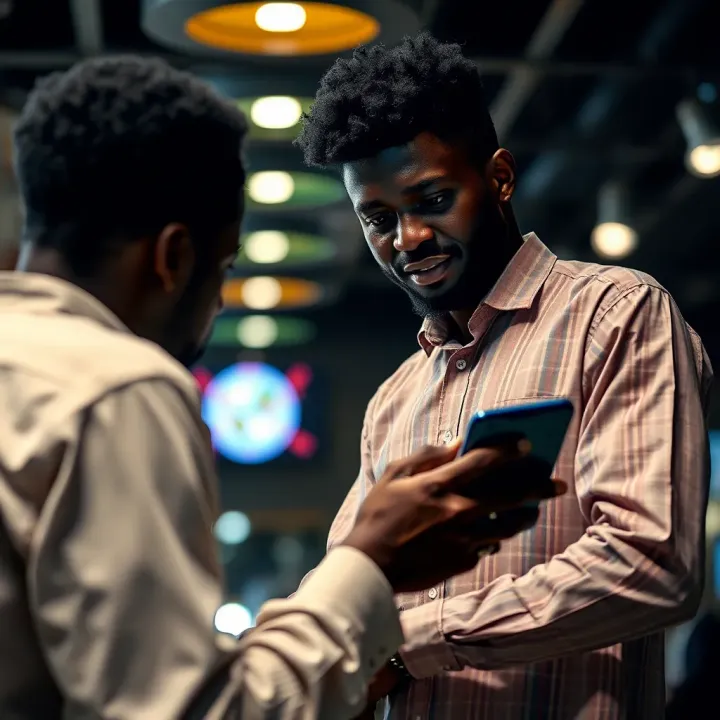 Okxbet agent using a mobile device to assist a customer with online sports betting in Nigeria