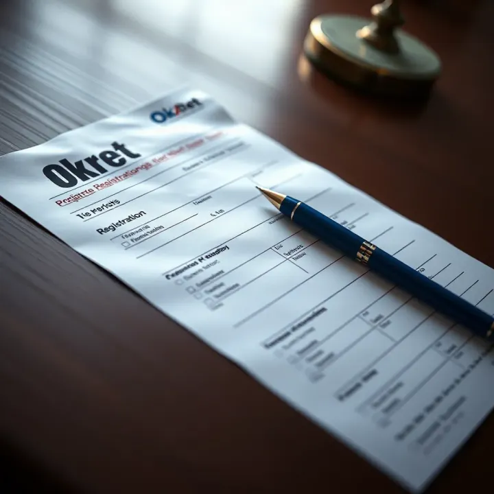 Close-up of a completed Okxbet agent registration form with a pen on a wooden desk