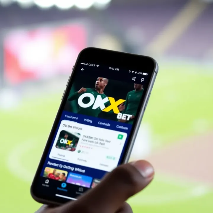 Mobile phone showing the OkXBet app interface on a vibrant screen