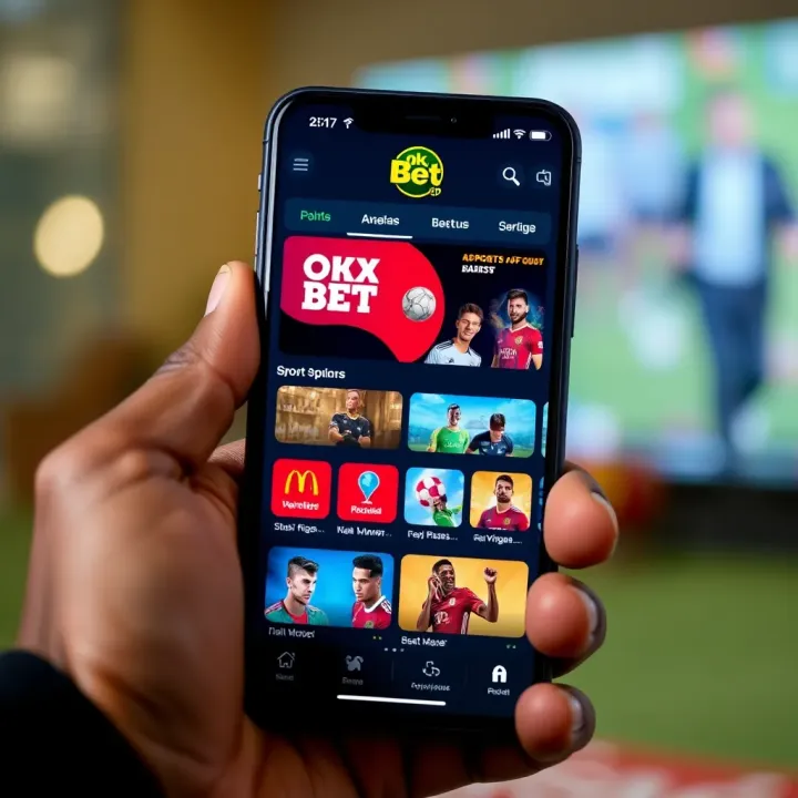 Mobile phone displaying Okxbet Bet app interface with sports betting options and colorful icons