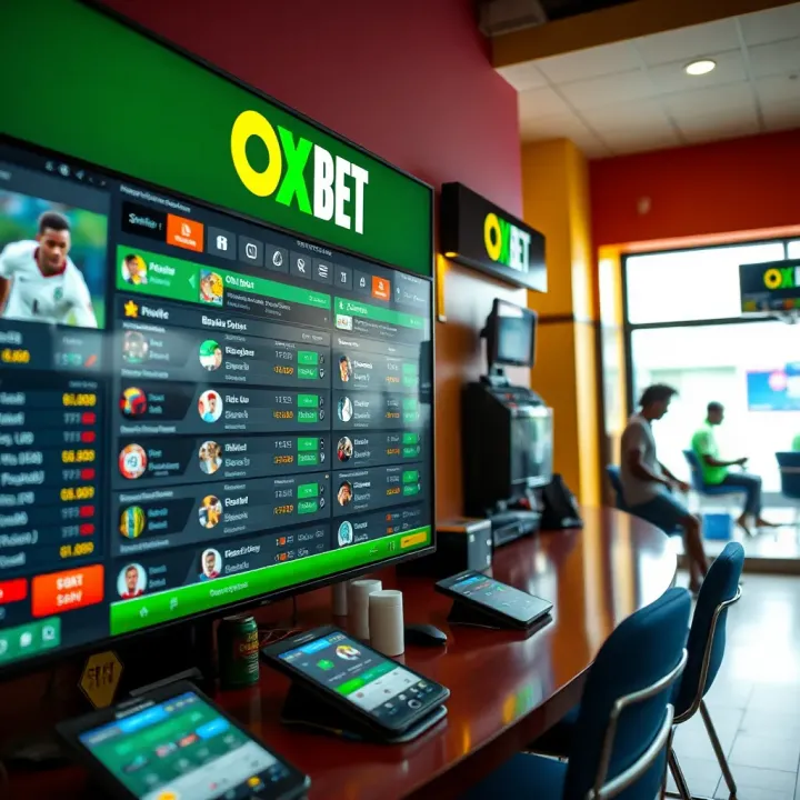 Digital interface displaying sports betting options on Okxbet platform in a vibrant Nigerian setting
