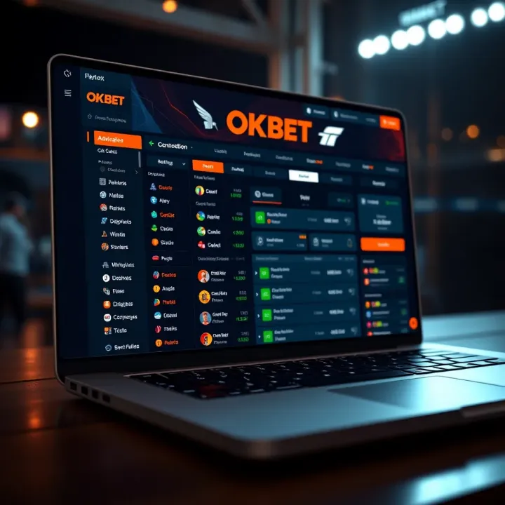User interface of OKXBet betting platform on a laptop screen with navigation menu visible