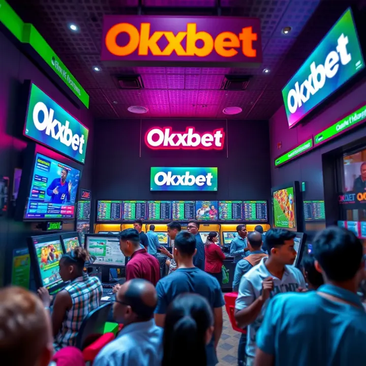 Illustration showing a vibrant Okxbet booking shop with multiple betting terminals and a diverse crowd engaging in sports betting activities