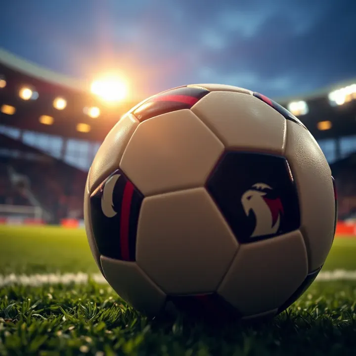 Close-up of a soccer ball on a lush green pitch under stadium lights