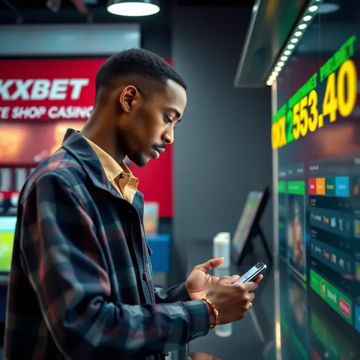 Customer using mobile phone to access betting and payment services at Okxbet Mobile Shop counter
