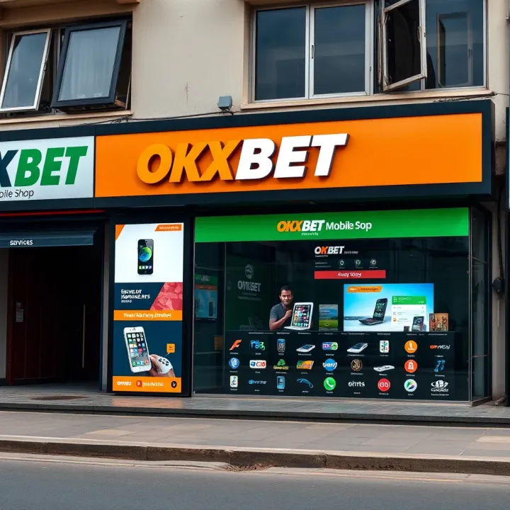Exterior view of Okxbet Mobile Shop with digital signage displaying mobile devices and betting services in Lagos