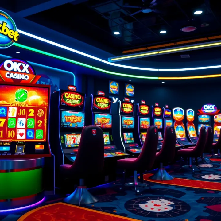 Colorful online casino gaming interface with dynamic slot machines and card games