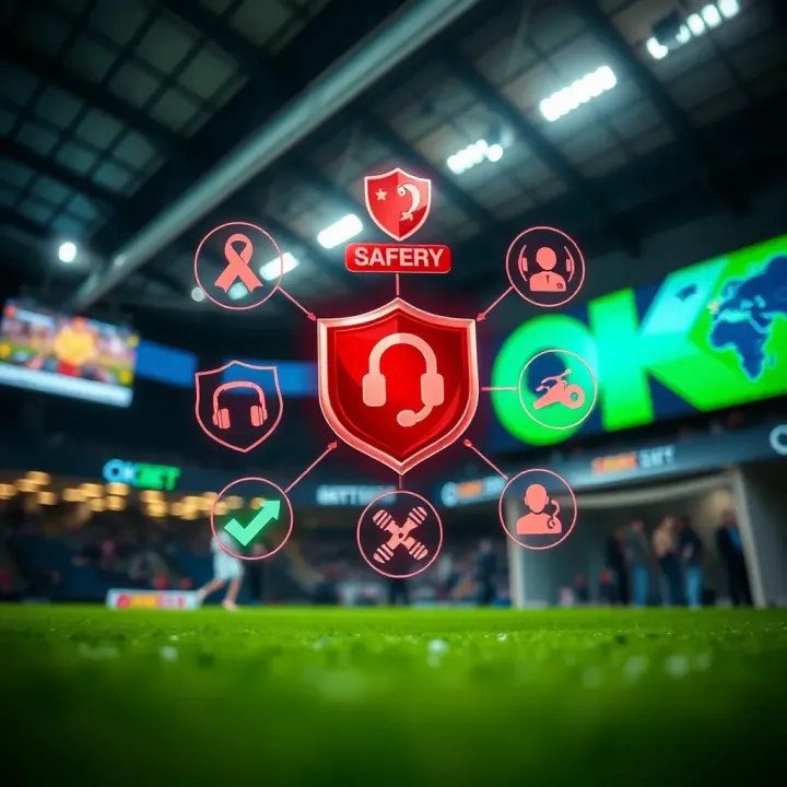 Illustration of secure online betting with icons representing safety measures and customer support options