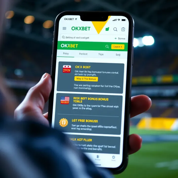 OKXBet Platform Displaying Bonus Offers and Tips for Enhanced Betting Experience Graphic of a smartphone displaying the OKXBet platform with highlighted bonus offers and terms for maximizing betting benefits