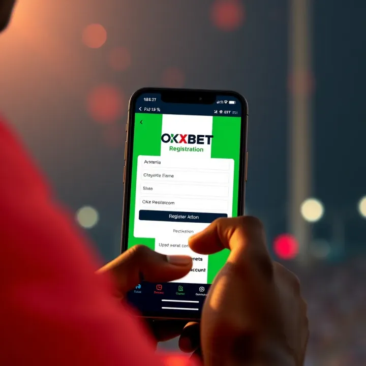 Mobile phone displaying the OKXBet registration form on the screen with Nigerian flag colors