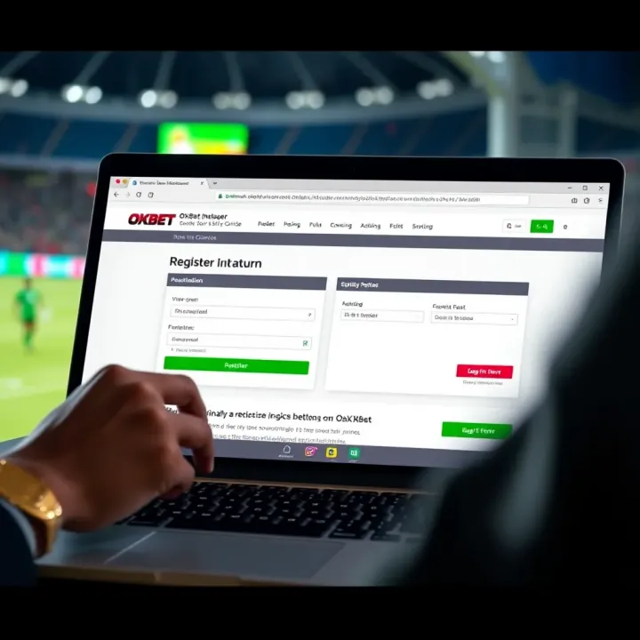 User filling out registration form on a laptop with OkXBet website displayed