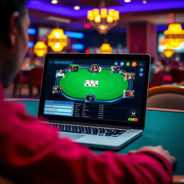 Online poker interface showing Texas Holdem gameplay on a laptop screen