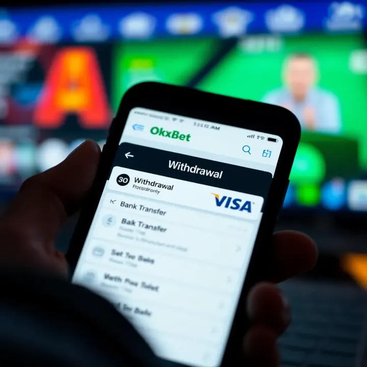 Mobile phone screen showing OkxBet withdrawal interface with options for bank transfer