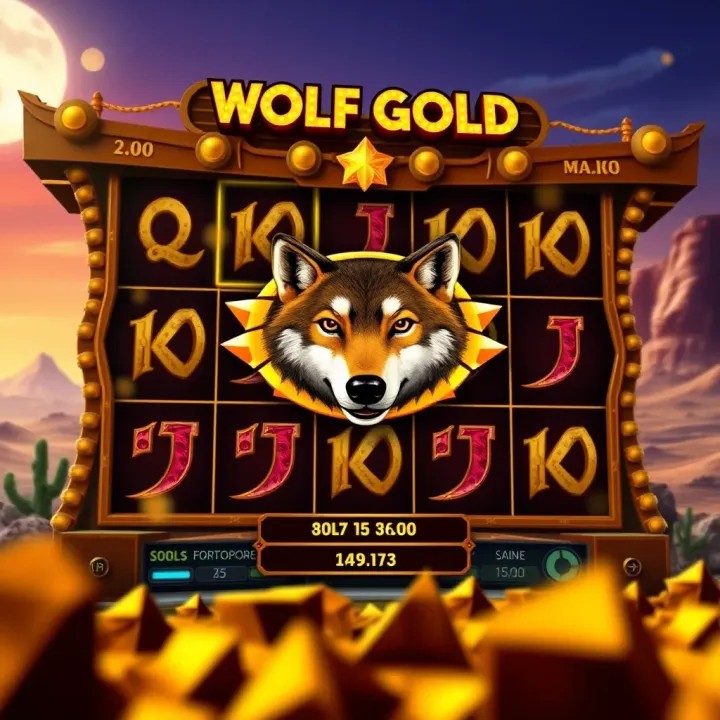 Wolf Gold slot game interface featuring desert-themed symbols and a glowing jackpot display