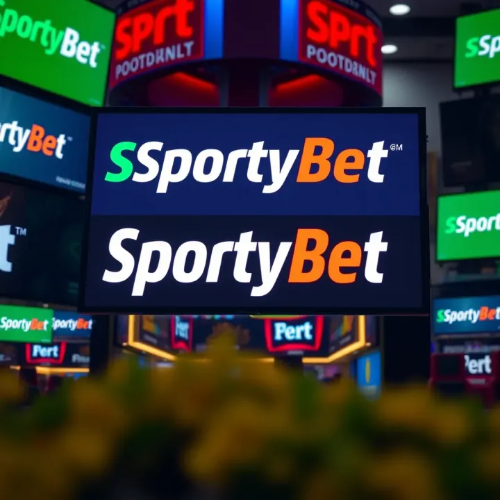 SportyBet logo displayed across various digital screens and physical signage in a Nigerian sports betting environment