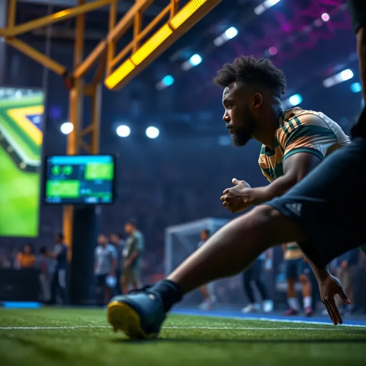 Futuristic technology showcasing virtual football graphics and digital currency transactions