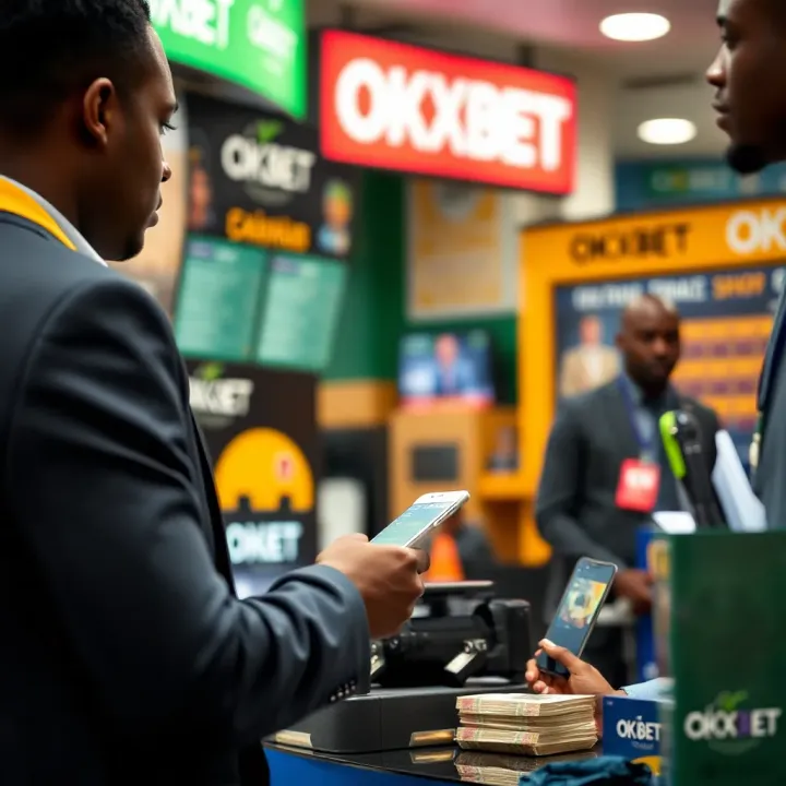 A customer placing a sports bet at an OKXBET betting shop in Nigeria with a focus on local currency transactions