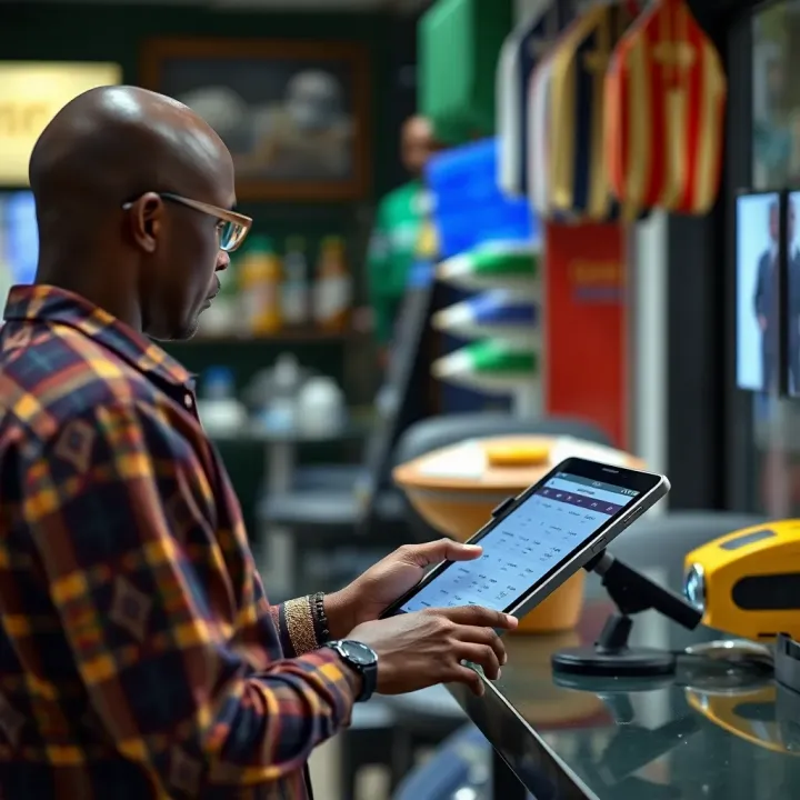 Using OKXBet Shop Booking System in Nigeria Customer using OKXBet shop booking system on a digital device in a local Nigerian setting