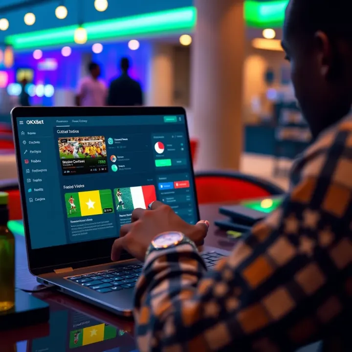 Navigating the OKXBet Shop Platform for Sports Betting in Nigeria User navigating the OKXBet Shop interface on a laptop showing sports betting options
