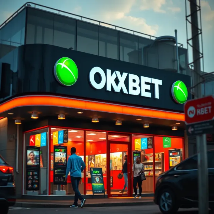 Exterior of an OKXBET Betting Shop in Nigeria Exterior view of a busy OKXBET shop showcasing its vibrant signage and welcoming atmosphere for bettors in Nigeria