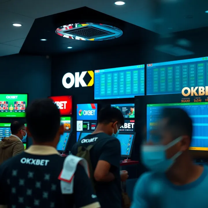 Interior scene of an OKXBET shop with customers engaging in sports betting activities using digital displays and betting slips