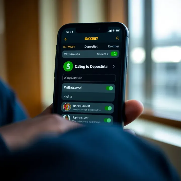Mobile phone showing the OKXBet app's deposit and withdrawal options with Nigerian Naira symbol