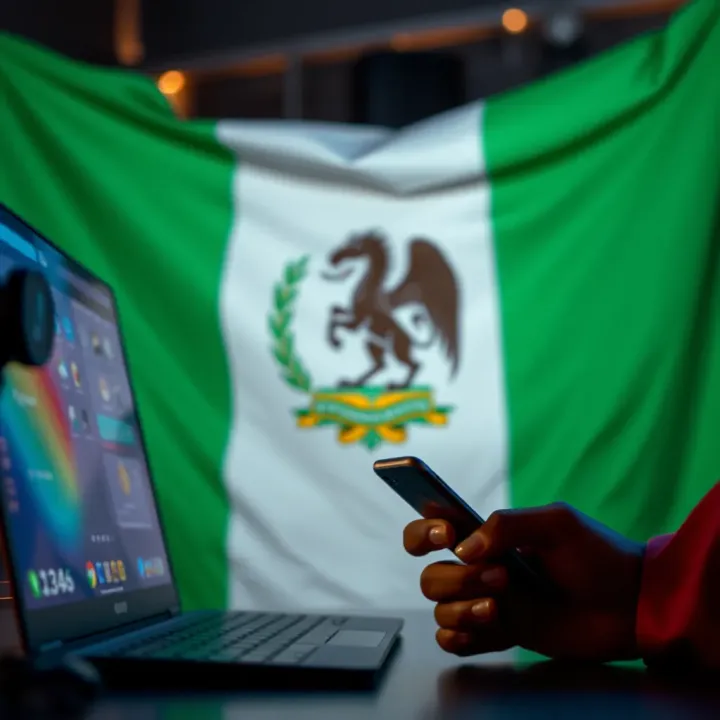 Secure online transaction with digital currency icons and a Nigerian flag background