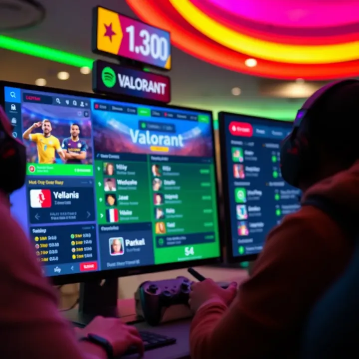 Colorful Valorant game interface with player avatars and match statistics on screen